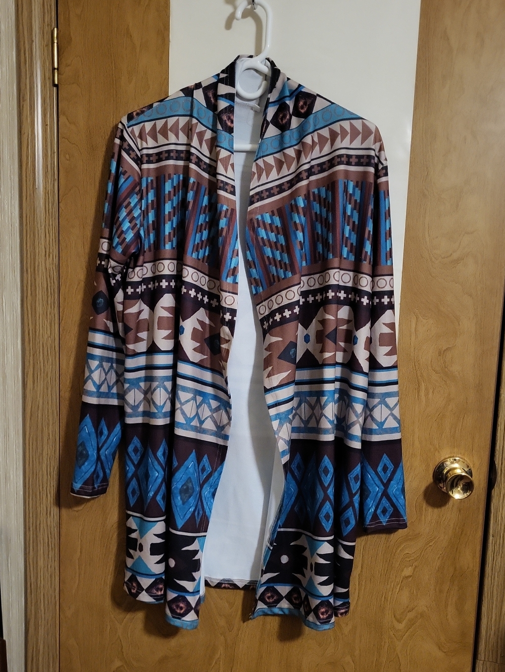Open-Front Aztec Print Cardigan Jacket  - Blue & Brown. Womens M